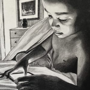 Child with Tablet: framed ORIGINAL charcoal drawing